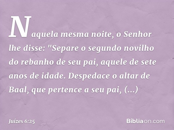 Naquela mesma noite, o Senhor lhe disse: "Separe o segundo novilho do rebanho de seu pai, aquele de sete anos de idade. Despedace o altar de Baal, que pertence 