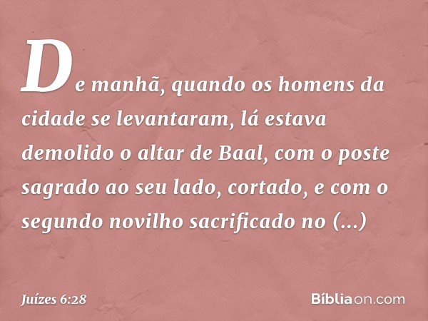 De manhã, quando os homens da cidade se levantaram, lá estava demolido o altar de Baal, com o poste sagrado ao seu lado, cortado, e com o segundo novilho sacrif