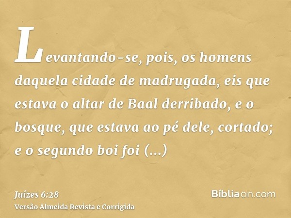 Levantando-se, pois, os homens daquela cidade de madrugada, eis que estava o altar de Baal derribado, e o bosque, que estava ao pé dele, cortado; e o segundo bo