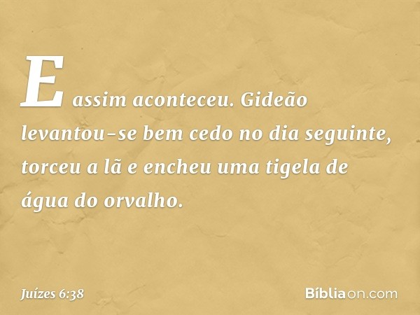 E assim aconteceu. Gideão levantou-se bem cedo no dia seguinte, torceu a lã e encheu uma tigela de água do orvalho. -- Juízes 6:38