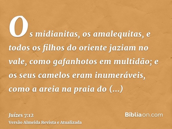 Os midianitas, os amalequitas, e todos os filhos do oriente jaziam no vale, como gafanhotos em multidão; e os seus camelos eram inumeráveis, como a areia na pra