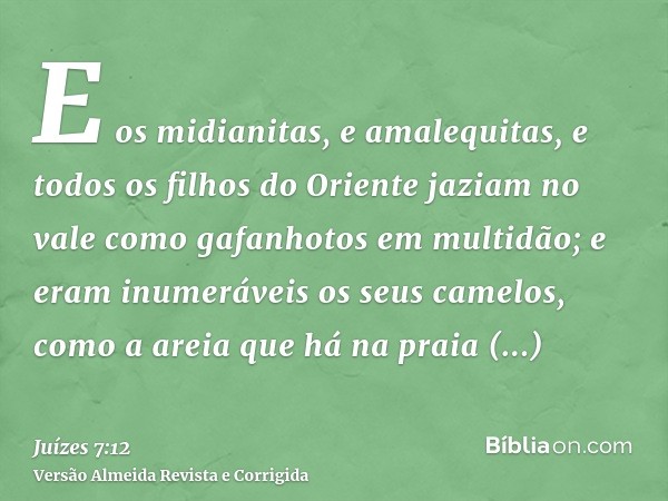 E os midianitas, e amalequitas, e todos os filhos do Oriente jaziam no vale como gafanhotos em multidão; e eram inumeráveis os seus camelos, como a areia que há
