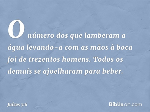 O número dos que lamberam a água levando-a com as mãos à boca foi de trezentos homens. Todos os demais se ajoelharam para beber. -- Juízes 7:6