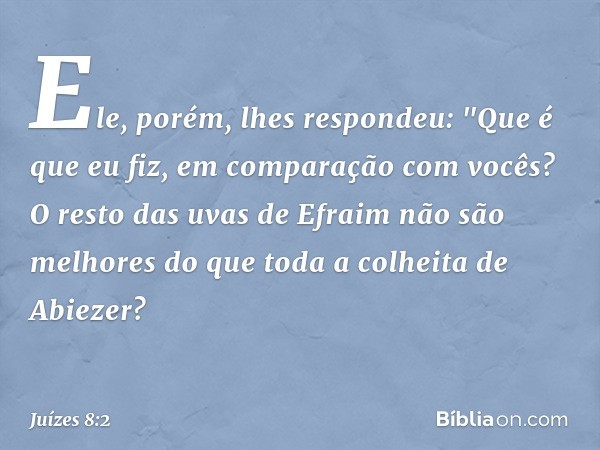 Ele, porém, lhes respondeu: "Que é que eu fiz, em comparação com vocês? O resto das uvas de Efraim não são melhores do que toda a colheita de Abiezer? -- Juízes