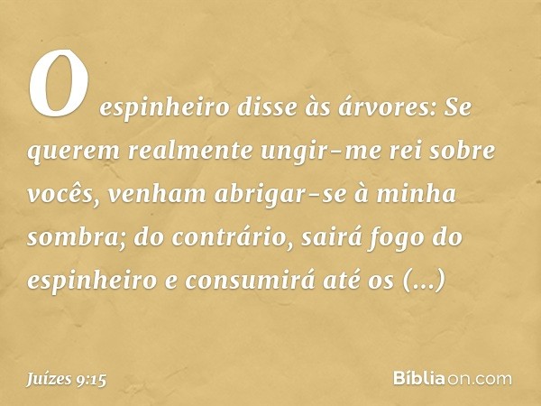 "O espinheiro disse às árvores: 'Se querem realmente ungir-me rei sobre vocês, venham abrigar-se à minha sombra; do contrário, sairá fogo do espinheiro e consum