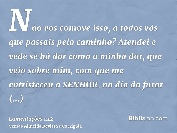 Não vos comove isso, a todos vós que passais pelo caminho? Atendei e vede se há dor como a minha dor, que veio sobre mim, com que me entristeceu o SENHOR, no di