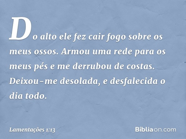 Do alto ele fez cair fogo
sobre os meus ossos.
Armou uma rede para os meus pés
e me derrubou de costas.
Deixou-me desolada,
e desfalecida o dia todo. -- Lamenta