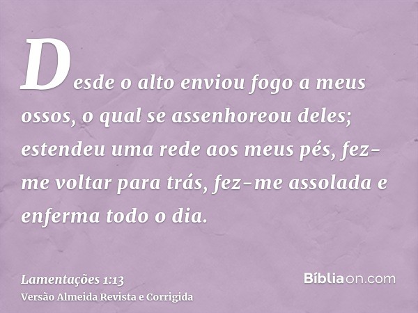Desde o alto enviou fogo a meus ossos, o qual se assenhoreou deles; estendeu uma rede aos meus pés, fez-me voltar para trás, fez-me assolada e enferma todo o di