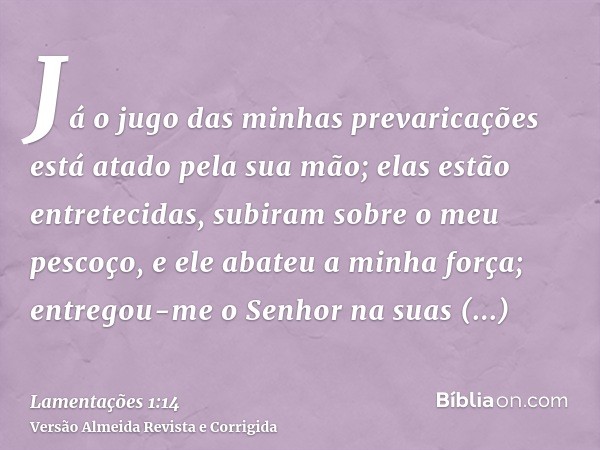 Já o jugo das minhas prevaricações está atado pela sua mão; elas estão entretecidas, subiram sobre o meu pescoço, e ele abateu a minha força; entregou-me o Senh