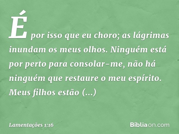 É por isso que eu choro;
as lágrimas inundam os meus olhos.
Ninguém está por perto para consolar-me,
não há ninguém que restaure o meu espírito.
Meus filhos est