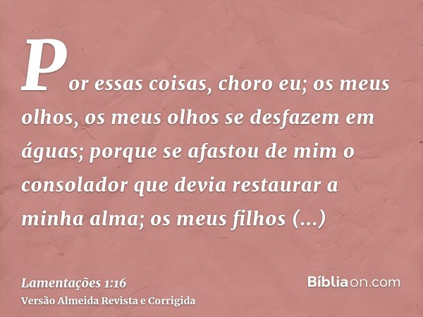 Por essas coisas, choro eu; os meus olhos, os meus olhos se desfazem em águas; porque se afastou de mim o consolador que devia restaurar a minha alma; os meus f