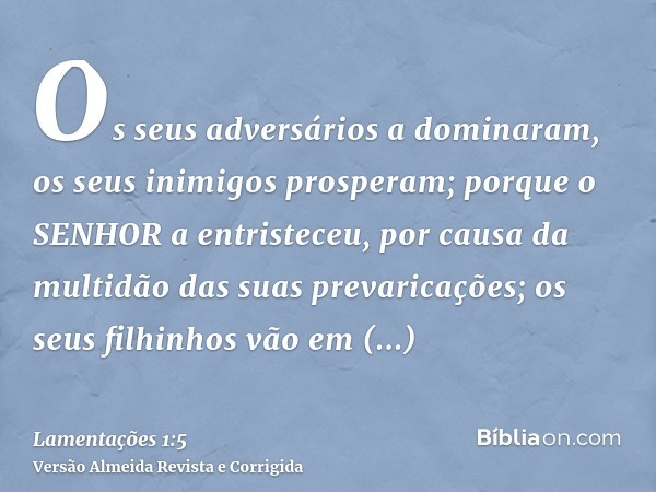 Os seus adversários a dominaram, os seus inimigos prosperam; porque o SENHOR a entristeceu, por causa da multidão das suas prevaricações; os seus filhinhos vão 