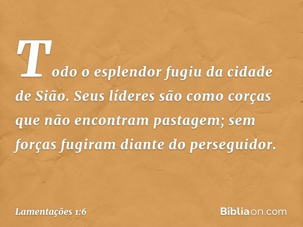 Todo o esplendor fugiu da cidade de Sião.
Seus líderes são como corças
que não encontram pastagem;
sem forças fugiram diante do perseguidor. -- Lamentações 1:6