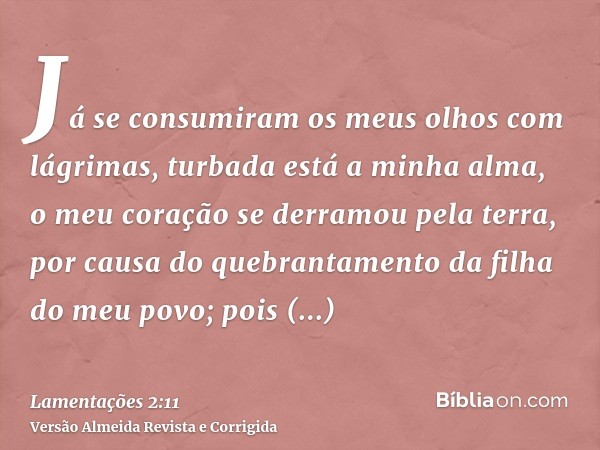 Já se consumiram os meus olhos com lágrimas, turbada está a minha alma, o meu coração se derramou pela terra, por causa do quebrantamento da filha do meu povo; 