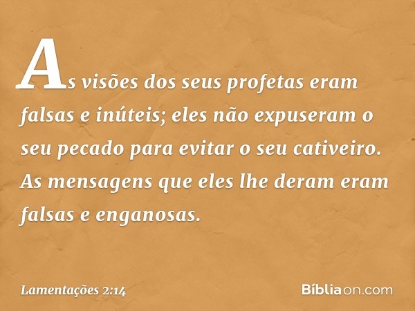 As visões dos seus profetas
eram falsas e inúteis;
eles não expuseram o seu pecado
para evitar o seu cativeiro.
As mensagens que eles lhe deram
eram falsas e en