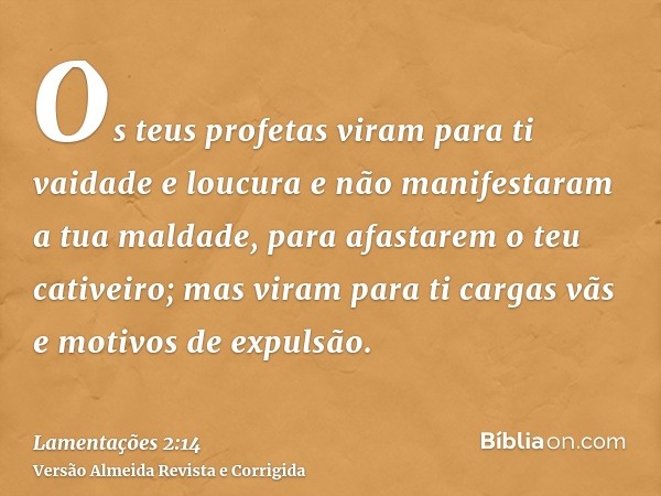 Os teus profetas viram para ti vaidade e loucura e não manifestaram a tua maldade, para afastarem o teu cativeiro; mas viram para ti cargas vãs e motivos de exp