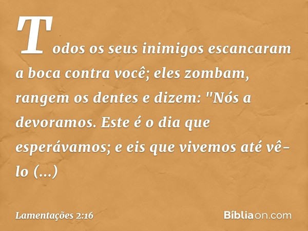 Todos os seus inimigos
escancaram a boca contra você;
eles zombam, rangem os dentes
e dizem: "Nós a devoramos.
Este é o dia que esperávamos;
e eis que vivemos a