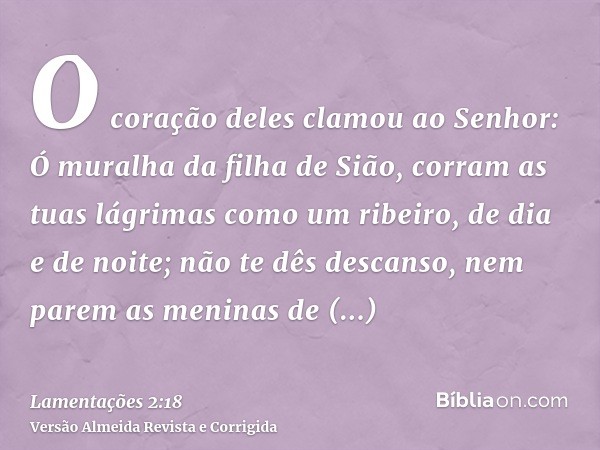 O coração deles clamou ao Senhor: Ó muralha da filha de Sião, corram as tuas lágrimas como um ribeiro, de dia e de noite; não te dês descanso, nem parem as meni