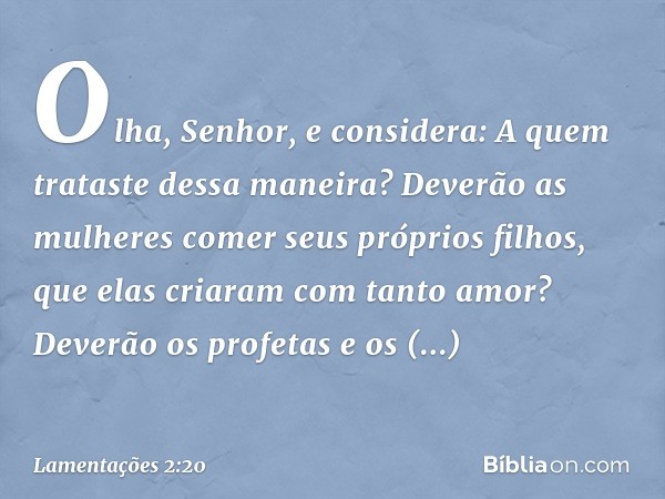 "Olha, Senhor, e considera:
A quem trataste dessa maneira?
Deverão as mulheres comer seus próprios filhos,
que elas criaram com tanto amor?
Deverão os profetas 