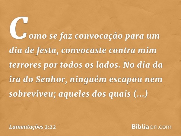 Como se faz convocação
para um dia de festa,
convocaste contra mim
terrores por todos os lados.
No dia da ira do Senhor,
ninguém escapou nem sobreviveu;
aqueles