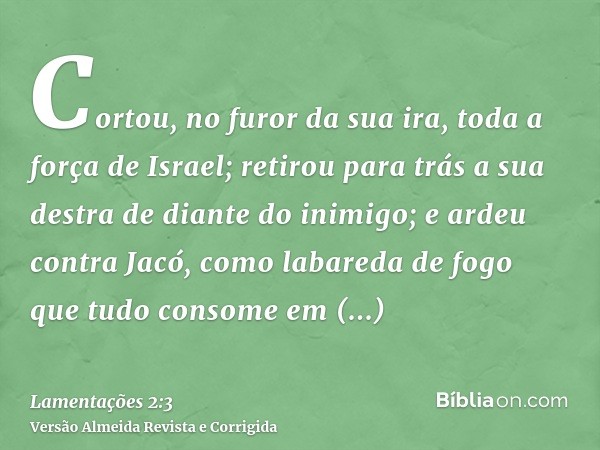 Cortou, no furor da sua ira, toda a força de Israel; retirou para trás a sua destra de diante do inimigo; e ardeu contra Jacó, como labareda de fogo que tudo co