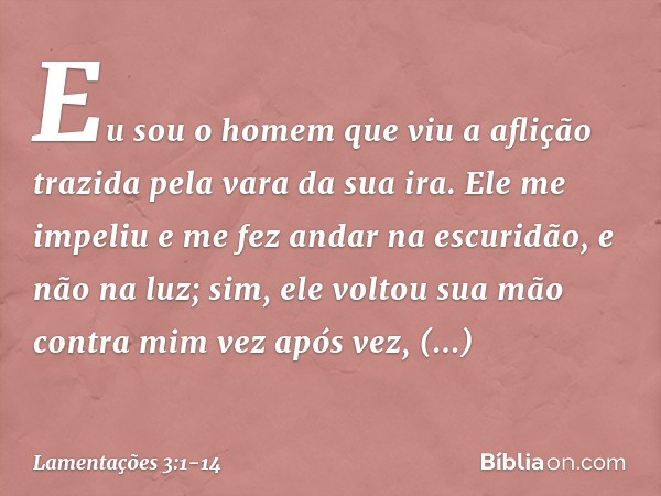 Eu sou o homem que viu a aflição
trazida pela vara da sua ira. Ele me impeliu e me fez andar na escuridão,
e não na luz; sim, ele voltou sua mão contra mim
vez 