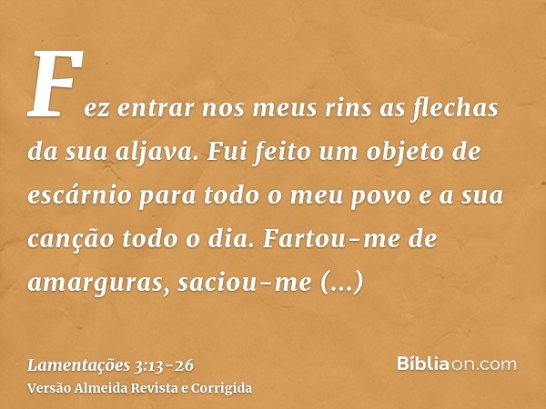 Fez entrar nos meus rins as flechas da sua aljava.Fui feito um objeto de escárnio para todo o meu povo e a sua canção todo o dia.Fartou-me de amarguras, saciou-