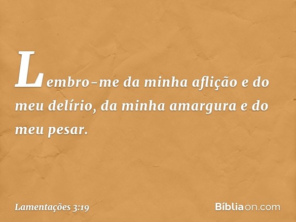 Lembro-me da minha aflição
e do meu delírio,
da minha amargura e do meu pesar. -- Lamentações 3:19