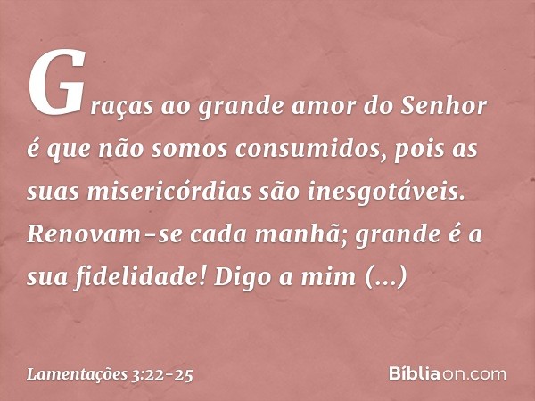 Graças ao grande amor do Senhor
é que não somos consumidos,
pois as suas misericórdias são inesgotáveis. Renovam-se cada manhã;
grande é a sua fidelidade! Digo 