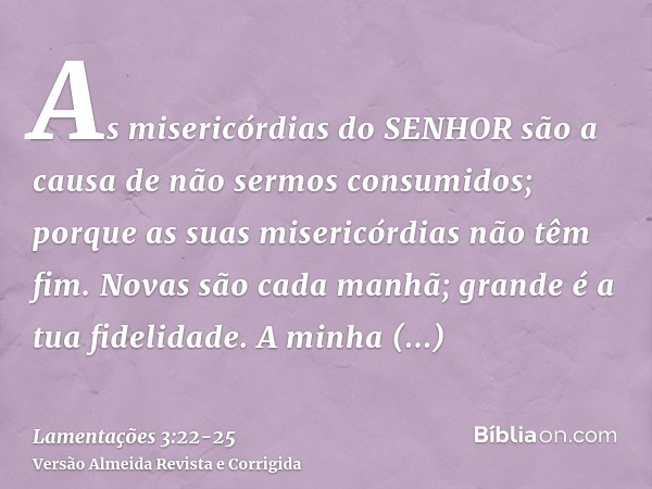 As misericórdias do SENHOR são a causa de não sermos consumidos; porque as suas misericórdias não têm fim.Novas são cada manhã; grande é a tua fidelidade.A minh