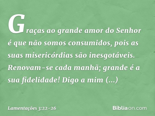 Graças ao grande amor do Senhor
é que não somos consumidos,
pois as suas misericórdias são inesgotáveis. Renovam-se cada manhã;
grande é a sua fidelidade! Digo 