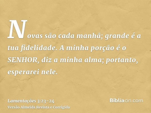 Novas são cada manhã; grande é a tua fidelidade.A minha porção é o SENHOR, diz a minha alma; portanto, esperarei nele.