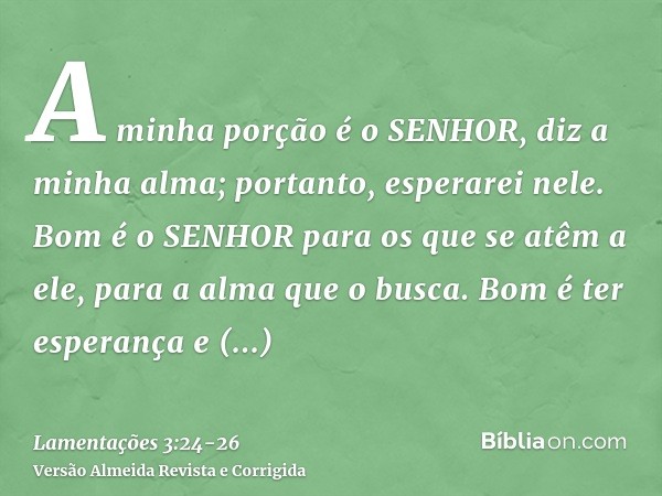 A minha porção é o SENHOR, diz a minha alma; portanto, esperarei nele.Bom é o SENHOR para os que se atêm a ele, para a alma que o busca.Bom é ter esperança e ag