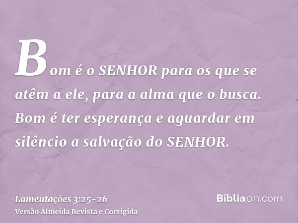 Bom é o SENHOR para os que se atêm a ele, para a alma que o busca.Bom é ter esperança e aguardar em silêncio a salvação do SENHOR.