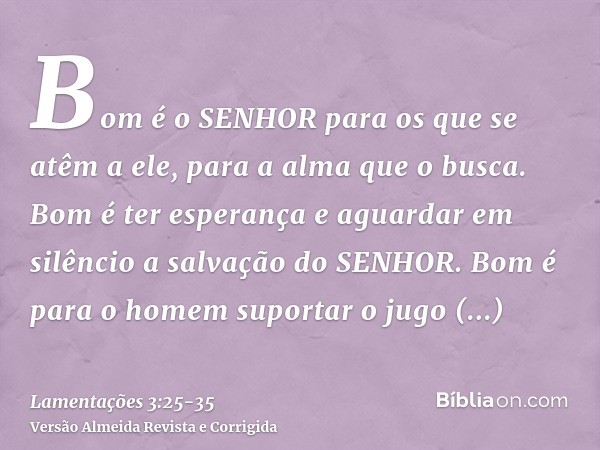 Bom é o SENHOR para os que se atêm a ele, para a alma que o busca.Bom é ter esperança e aguardar em silêncio a salvação do SENHOR.Bom é para o homem suportar o 