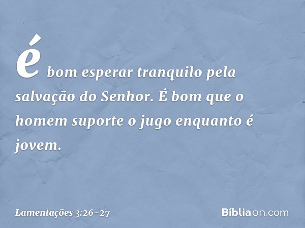 é bom esperar tranquilo
pela salvação do Senhor. É bom que o homem suporte o jugo
enquanto é jovem. -- Lamentações 3:26-27