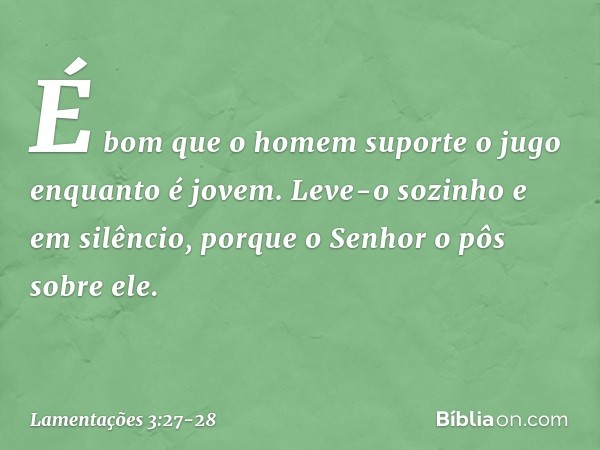 É bom que o homem suporte o jugo
enquanto é jovem. Leve-o sozinho e em silêncio,
porque o Senhor o pôs sobre ele. -- Lamentações 3:27-28