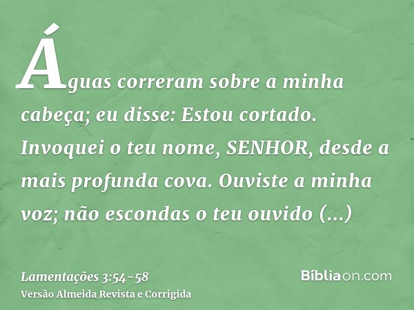 Águas correram sobre a minha cabeça; eu disse: Estou cortado.Invoquei o teu nome, SENHOR, desde a mais profunda cova.Ouviste a minha voz; não escondas o teu ouv