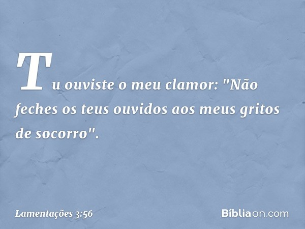 Tu ouviste o meu clamor:
"Não feches os teus ouvidos
aos meus gritos de socorro". -- Lamentações 3:56