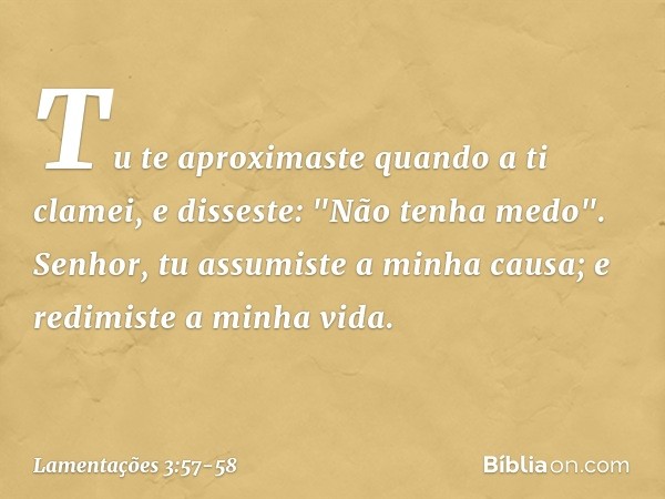 Tu te aproximaste quando a ti clamei,
e disseste: "Não tenha medo". Senhor, tu assumiste a minha causa;
e redimiste a minha vida. -- Lamentações 3:57-58