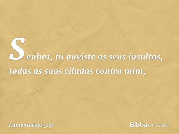 Senhor, tu ouviste os seus insultos,
todas as suas ciladas contra mim, -- Lamentações 3:61