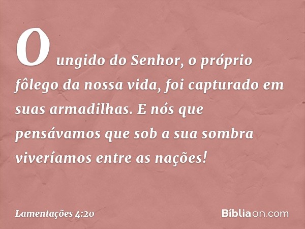 O ungido do Senhor,
o próprio fôlego da nossa vida,
foi capturado em suas armadilhas.
E nós que pensávamos que sob
a sua sombra viveríamos entre as nações! -- L