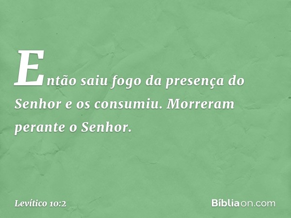 Então saiu fogo da presença do Senhor e os consumiu. Morreram perante o Senhor. -- Levítico 10:2