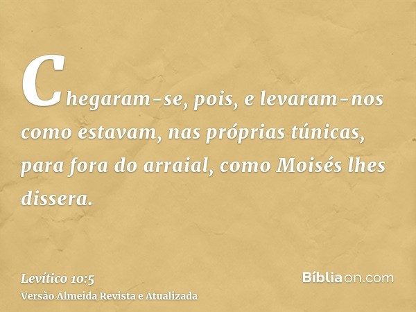 Chegaram-se, pois, e levaram-nos como estavam, nas próprias túnicas, para fora do arraial, como Moisés lhes dissera.