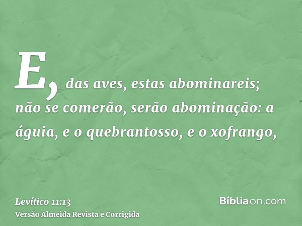 E, das aves, estas abominareis; não se comerão, serão abominação: a águia, e o quebrantosso, e o xofrango,