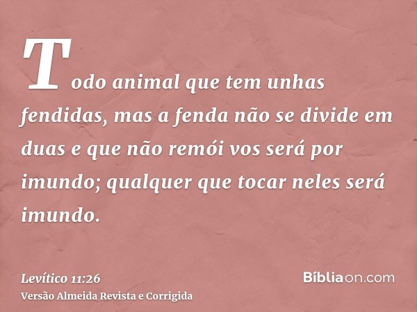 Todo animal que tem unhas fendidas, mas a fenda não se divide em duas e que não remói vos será por imundo; qualquer que tocar neles será imundo.