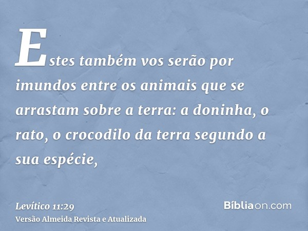 Estes também vos serão por imundos entre os animais que se arrastam sobre a terra: a doninha, o rato, o crocodilo da terra segundo a sua espécie,