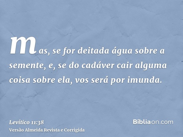 mas, se for deitada água sobre a semente, e, se do cadáver cair alguma coisa sobre ela, vos será por imunda.