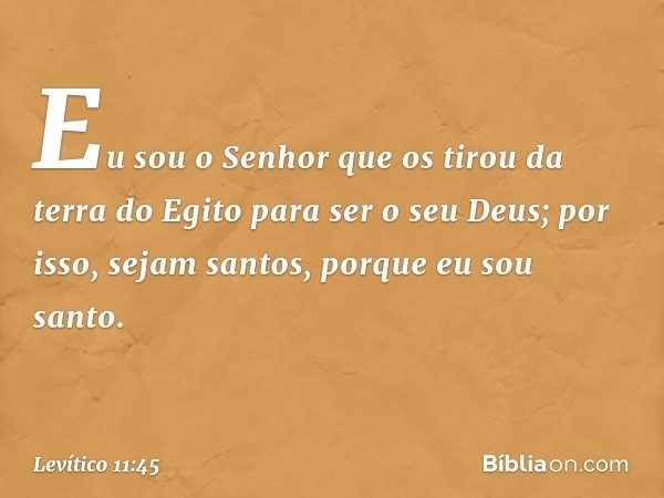 Eu sou o Senhor que os tirou da terra do Egito para ser o seu Deus; por isso, sejam santos, porque eu sou santo. -- Levítico 11:45