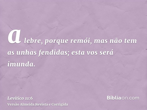 a lebre, porque remói, mas não tem as unhas fendidas; esta vos será imunda.